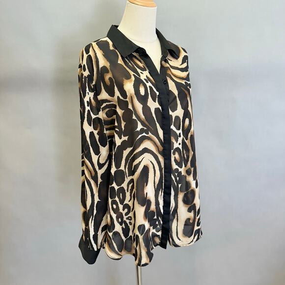 Chico's Ocelot Print Button Up Long Sleeve Blouse Sheer US Size XXL Chicos 4 - Picture 6 of 15